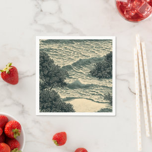 Coastal Serenity: Lino Cut Drawing Artwork Napkin