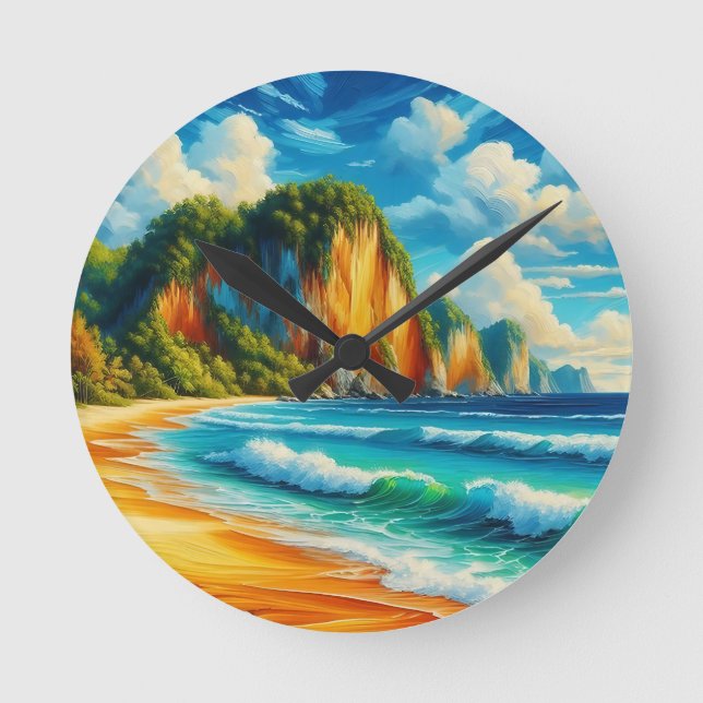 Coastal Serenity: Majestic Cliffs & Tranquil Shore Round Clock (Front)
