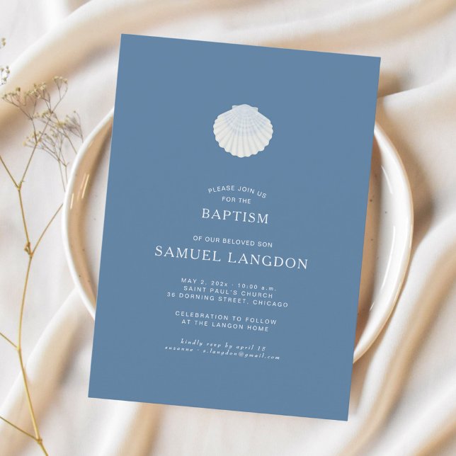 Coastal shell blue Christian baptism Invitation (Creator Uploaded)