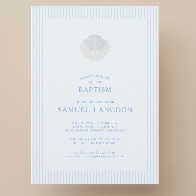 Coastal shell blue striped baptism Invitation (Creator Uploaded)