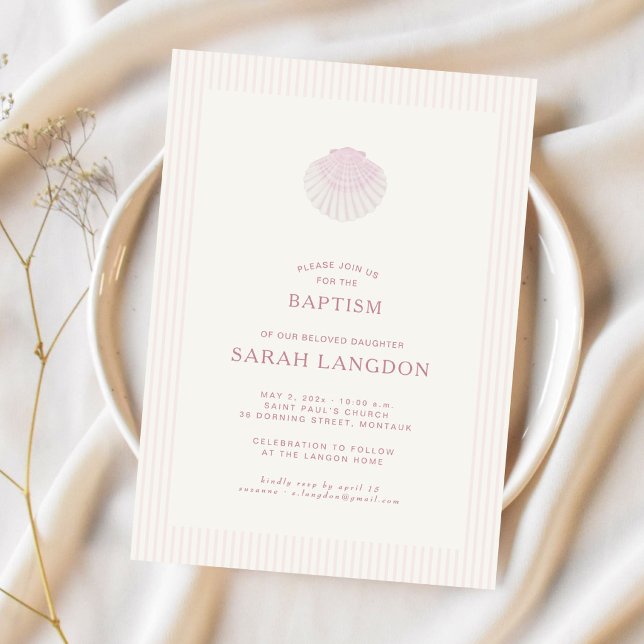 Coastal shell pink striped baptism Invitation (Creator Uploaded)