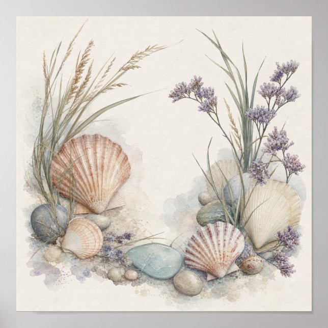 Coastal Shells and Sea Lavender Square Wall Art Pr (Front)