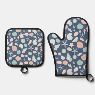 Coastal Shells Beach & Ocean Design Oven Mitt & Pot Holder Set