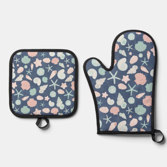 Coastal Shells Beach & Ocean Design Oven Mitt & Pot Holder Set (Front)