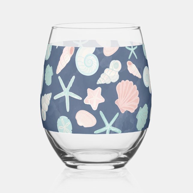 Coastal Shells Beach & Ocean Design Stemless Wine Glass (Front)