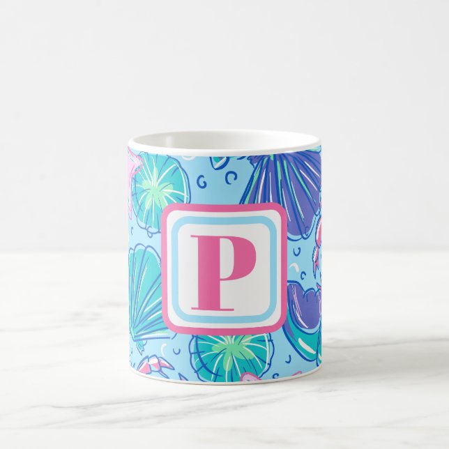 Coastal Shells & Crabs Monogram Light Blue Coffee Mug (Center)