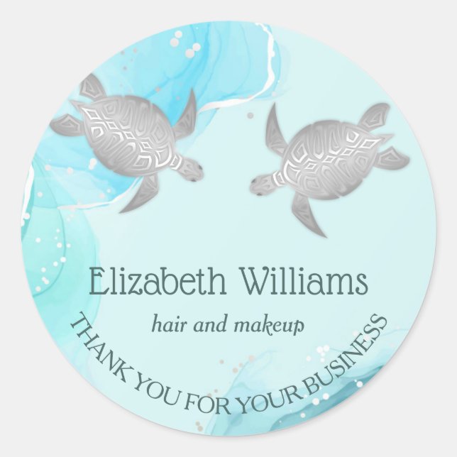 Coastal Silver Blue Turtles Classic Round Sticker (Front)