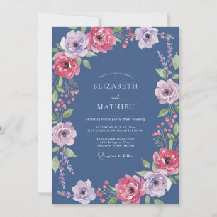 Coastal Slate Magenta Watercolor Wedding Invitation
