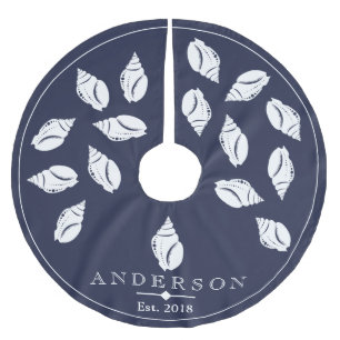 Coastal Spiral Seashell & Navy Blue Personalized Brushed Polyester Tree Skirt