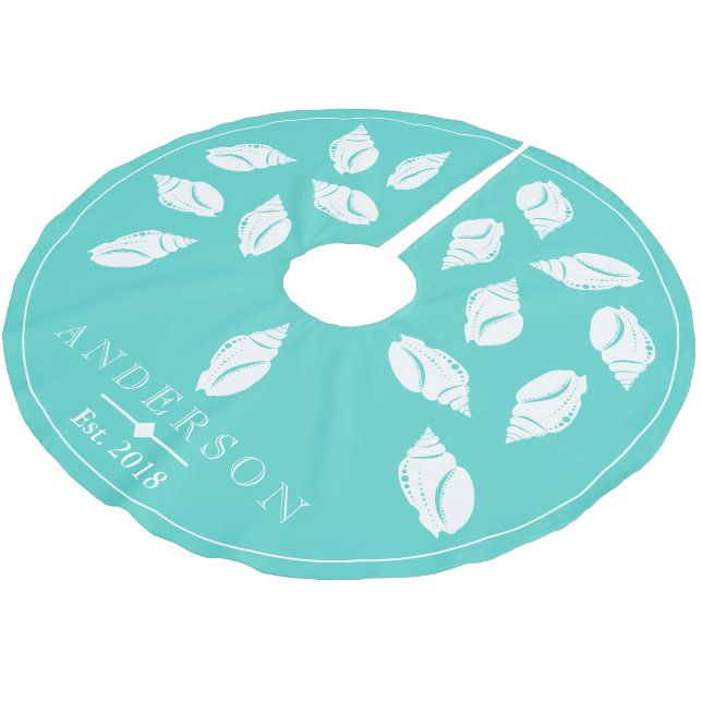 Coastal Spiral Seashell & Sea Glass Green | Custom Brushed Polyester Tree Skirt (Angled)