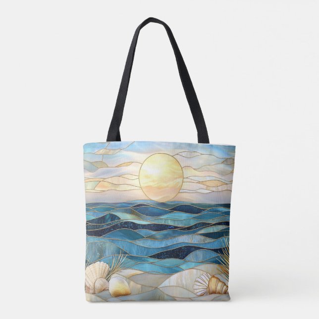 Coastal Stained Glass Ocean Sunset Tote Bag (Back)