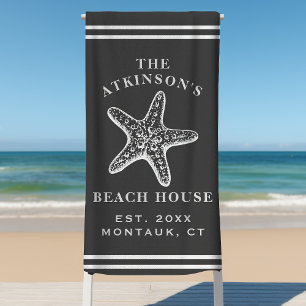 Coastal Starfish Beach House Family Name Grey Beach Towel