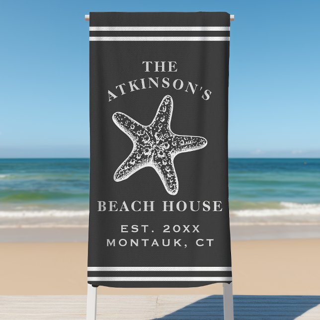 Coastal Starfish Beach House Family Name Grey Beach Towel (Creator Uploaded)