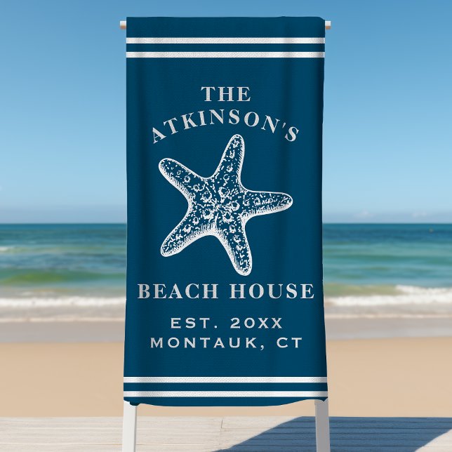 Coastal Starfish Beach House Family Name Navy Beach Towel (Creator Uploaded)