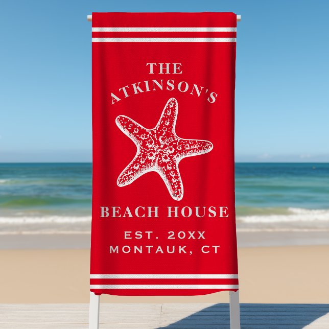 Coastal Starfish Beach House Family Name Red Beach Towel (Creator Uploaded)