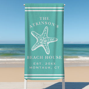 Coastal Starfish Beach House Family Name Teal Towel
