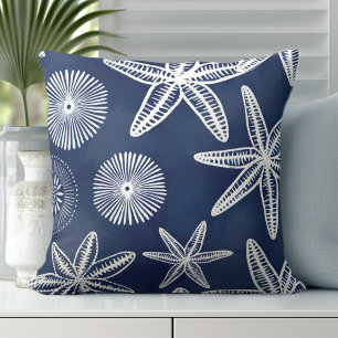 Coastal Starfish Blue White Throw Pillow