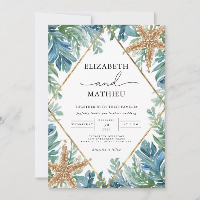 Coastal Starfish Floral Wedding Invitation (Front)