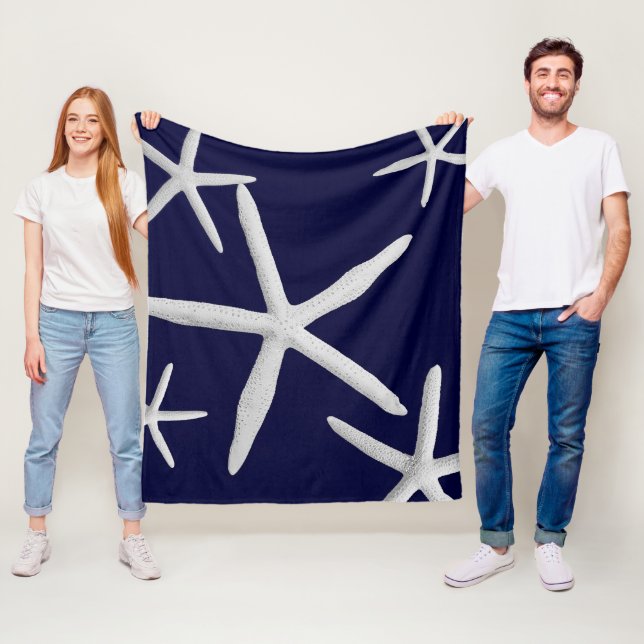 Coastal Starfish Navy Blue & White Tropical Beach Fleece Blanket (In Situ)