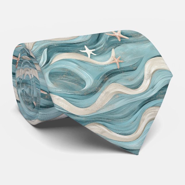 Coastal Starfish on Aqua Sand Waves Pattern (10) Tie (Rolled)
