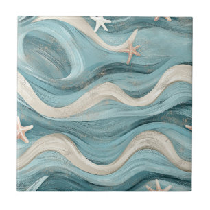 Coastal Starfish on Aqua Sand Waves Pattern (10) Tile