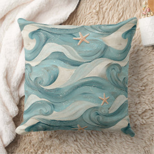 Coastal Starfish on Aqua Sand Waves Pattern (11) Cushion