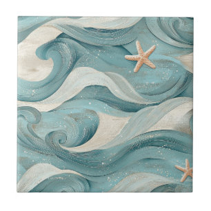 Coastal Starfish on Aqua Sand Waves Pattern (11) Tile