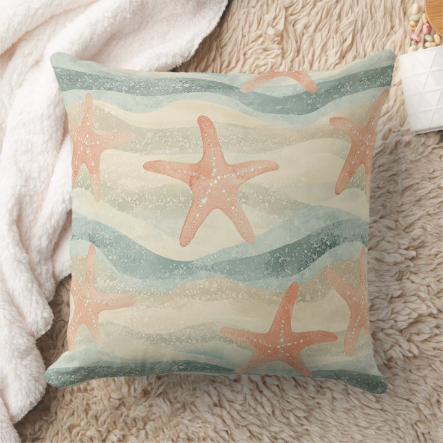 Coastal Starfish on Aqua Sand Waves Pattern (1) Cushion (Blanket)