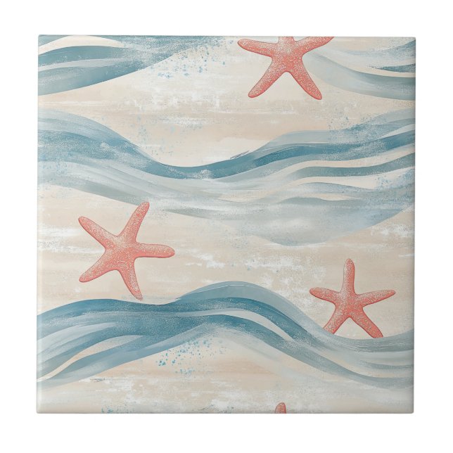 Coastal Starfish on Aqua Sand Waves Pattern (2) Tile (Front)