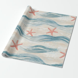 Coastal Starfish on Aqua Sand Waves Pattern (2) Wrapping Paper