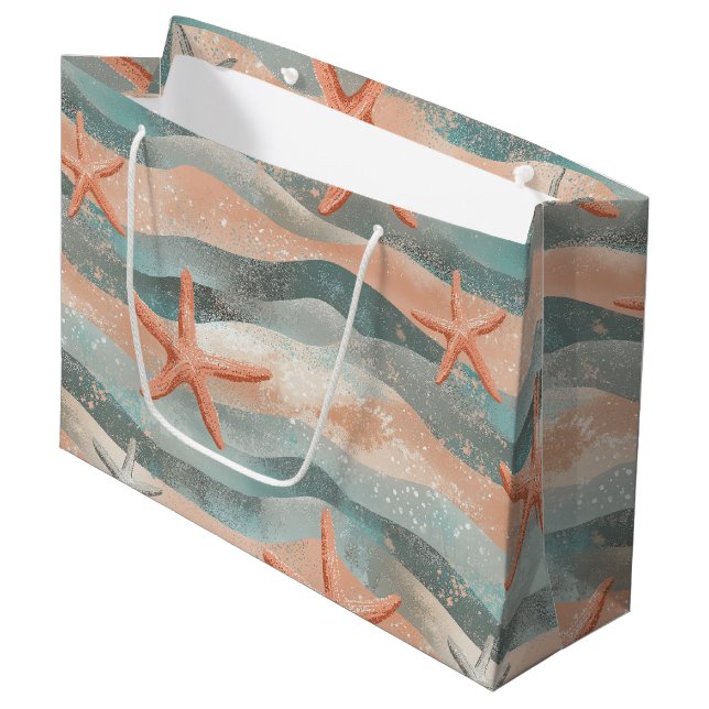 Coastal Starfish on Aqua Sand Waves Pattern (3) Large Gift Bag (Front Angled)