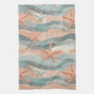 Coastal Starfish on Aqua Sand Waves Pattern (3) Tea Towel