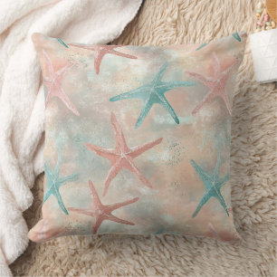 Coastal Starfish on Aqua Sand Waves Pattern (5) Cushion