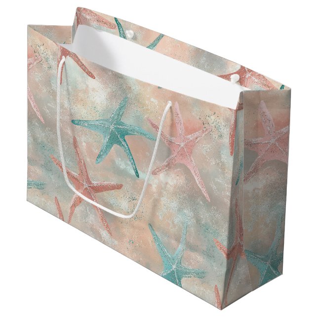 Coastal Starfish on Aqua Sand Waves Pattern (5) Large Gift Bag (Front Angled)