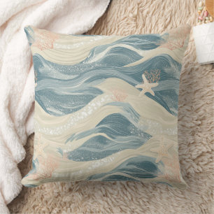 Coastal Starfish on Aqua Sand Waves Pattern (6) Cushion
