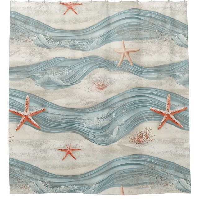 Coastal Starfish on Aqua Sand Waves Pattern (6) Shower Curtain (Front)