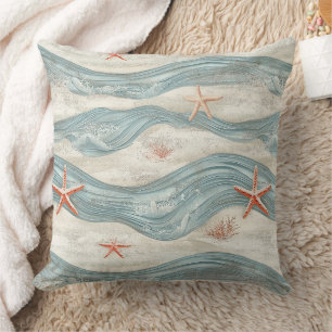 Coastal Starfish on Aqua Sand Waves Pattern (7) Cushion