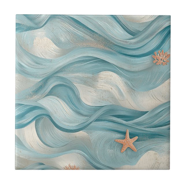 Coastal Starfish on Aqua Sand Waves Pattern (9) Tile (Front)