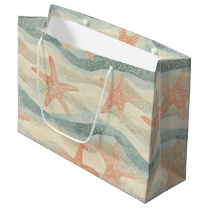 Coastal Starfish on Aqua Sand Waves Pattern Large Gift Bag