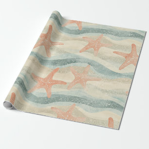 Coastal Starfish on Aqua Sand Waves Pattern Wrapping Paper