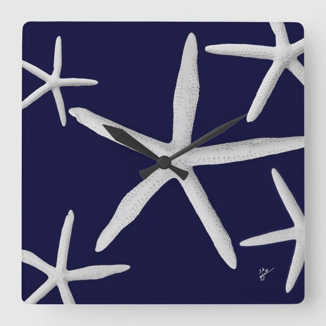 Coastal Starfish Sealife Navy Blue Tropical Beach  Square Wall Clock (Front)
