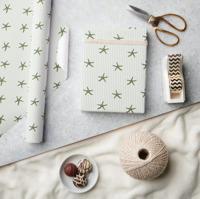 Coastal Starfish & Stripe Mediterranean Deep Olive Wrapping Paper (Crafts)