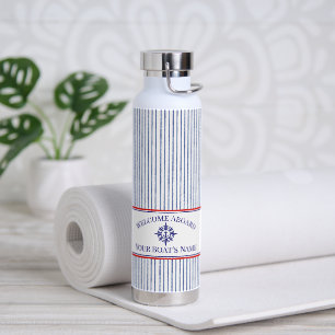Coastal Stripe Monogram Boat Name Design Water Bottle