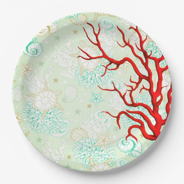 Coastal style beautiful turquoise red coral paper plate (Front)