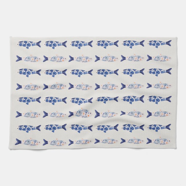 Coastal Style Blue Fish Pattern Shower Curtain Tea Towel (Horizontal)