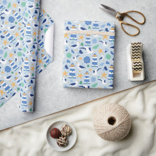 Coastal Summer Beach Lighthouse Nautical Blue Wrapping Paper