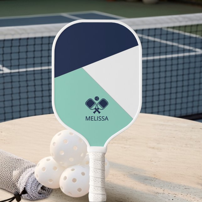 Coastal Summer Navy Mint Geometric Name  Pickleball Paddle (Creator Uploaded)