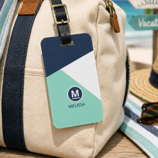 Coastal Summer Navy Mint Geometric Pattern Name Luggage Tag