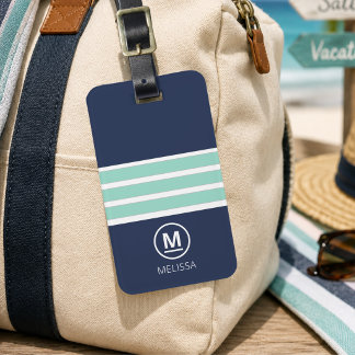 Coastal Summer Navy Mint Stripes Monogram Name Luggage Tag