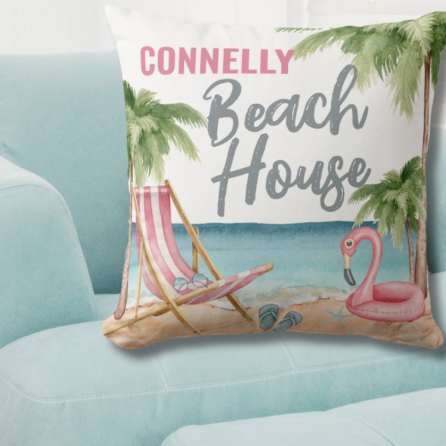 Coastal Summer Watercolor Beach House Cushion (Personalized Watercolor Beach House Throw Pillow )